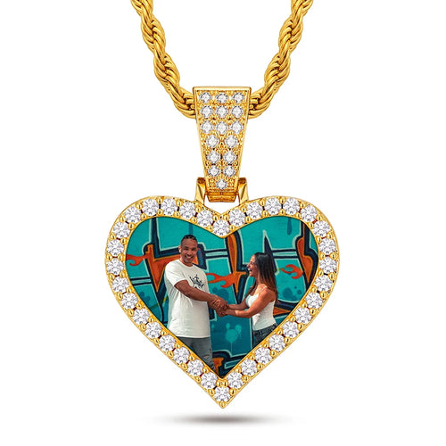 The Memory Pendant in gold tone, heart shape with moissanite halo and a custom photo