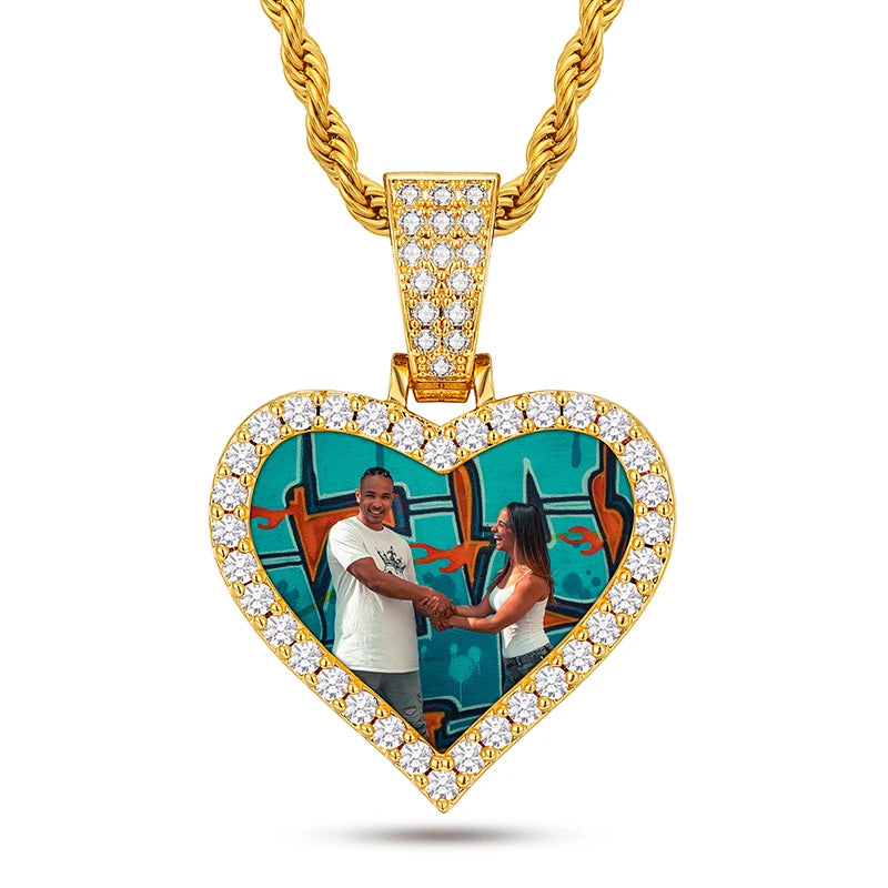 The Memory Pendant in gold tone, heart shape with moissanite halo and a custom photo