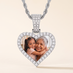 The Memory Pendant in silver: a heart with a lab-created moissanite halo and a custom family photo