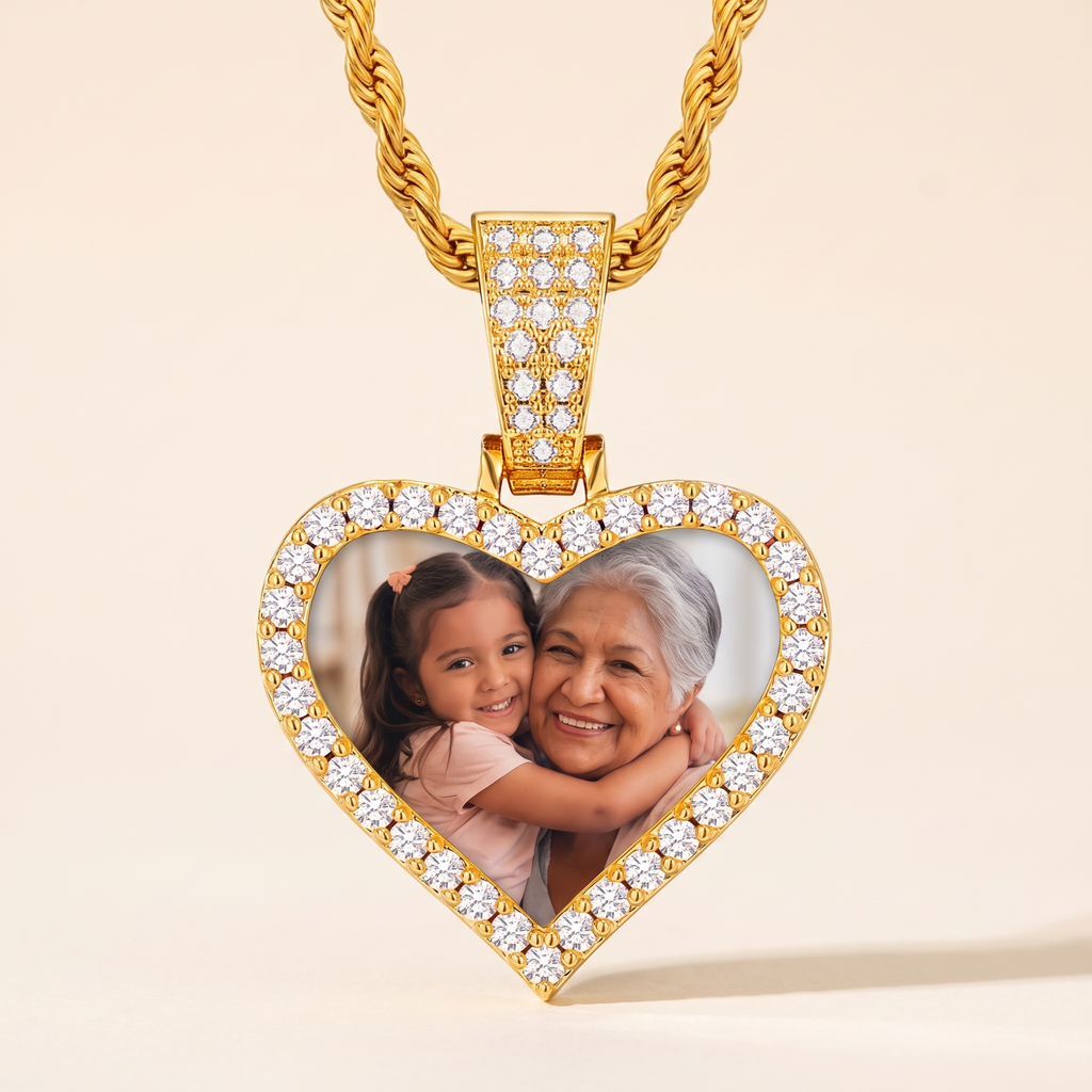 The Memory Pendant in gold tone with a custom family photo