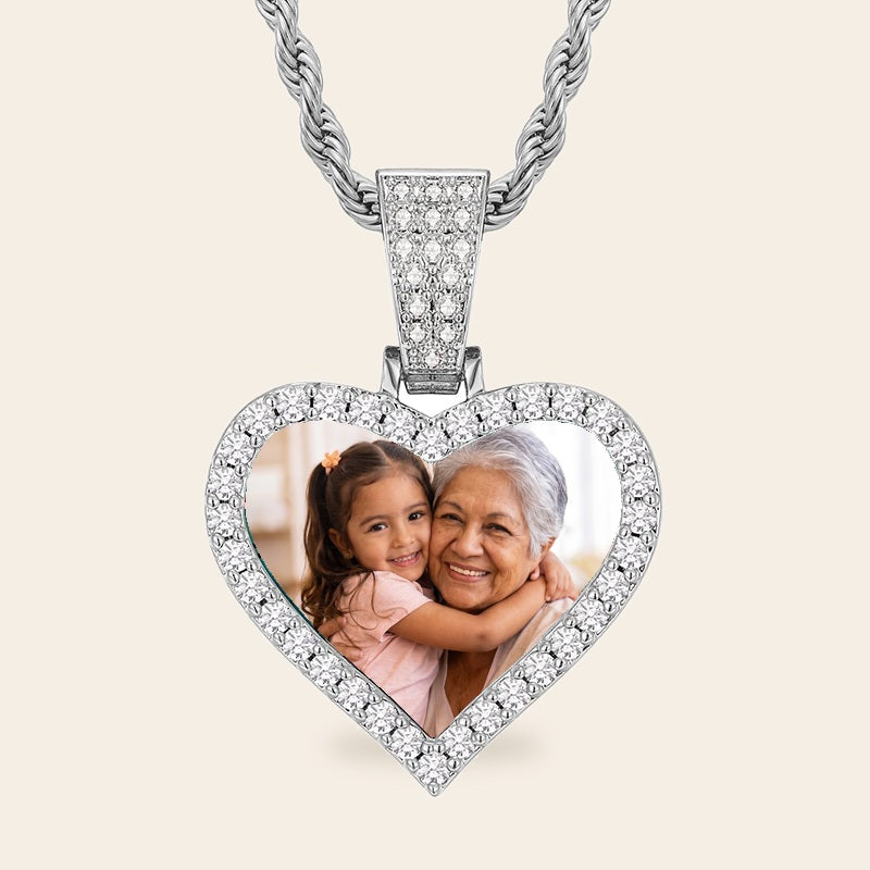 The Memory Pendant in silver: a heart with a lab-created moissanite halo and your photo inside
