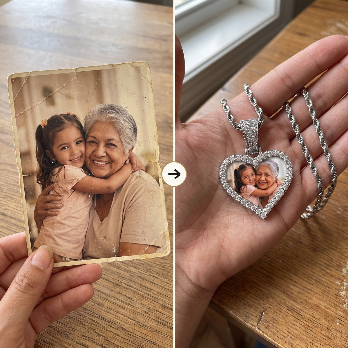 Free photo touch-up: an old, faded photo becomes a clear, bright photo inside the pendant