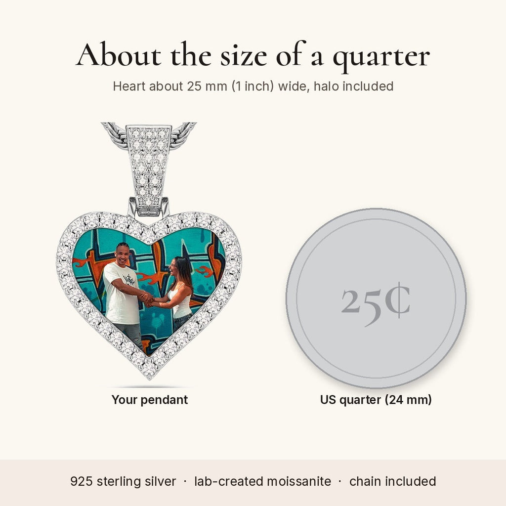 Size guide: the heart pendant is about 25 mm wide, about the size of a US quarter. 925 sterling silver, lab-created moissanite, chain included