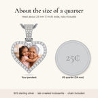 Size guide: the heart pendant is about 25 mm wide, about the size of a US quarter. 925 sterling silver, lab-created moissanite, chain included
